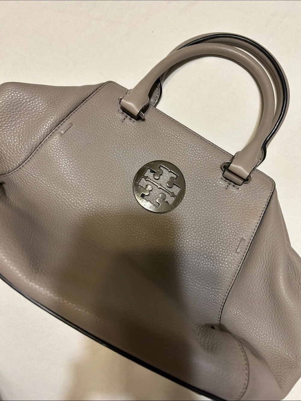 Tory Burch Pebbled Leather Satchel in Taupe Gray